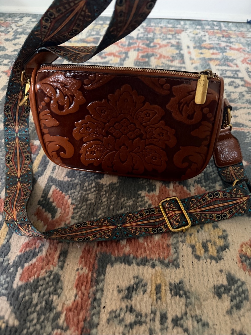 Brown Embossed faux Leather Crossbody Bag